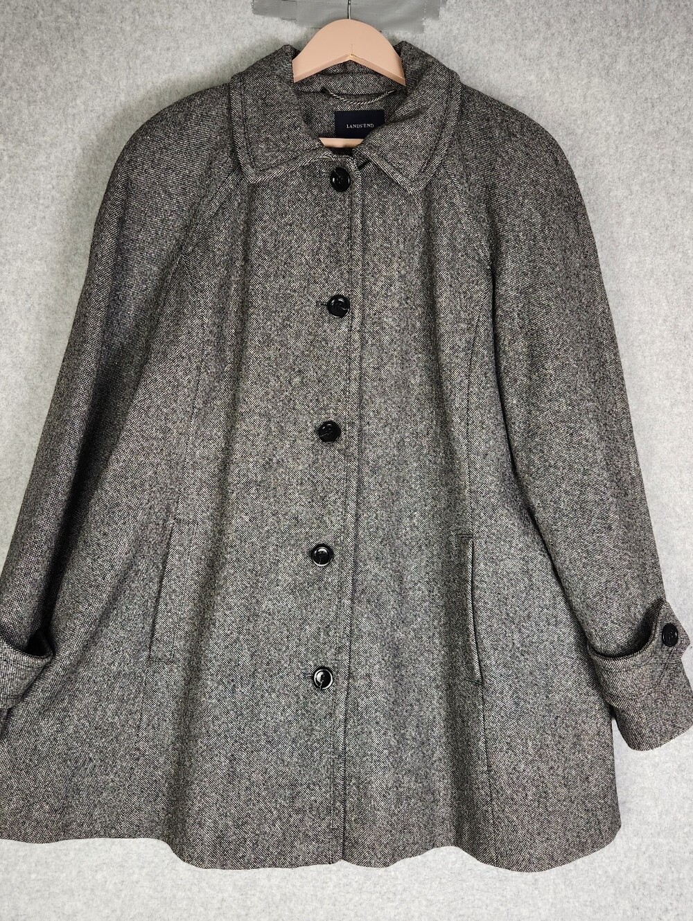 EUC Lands End Wool Blend Single Breasted Pea Coat Black White Size 16W #751